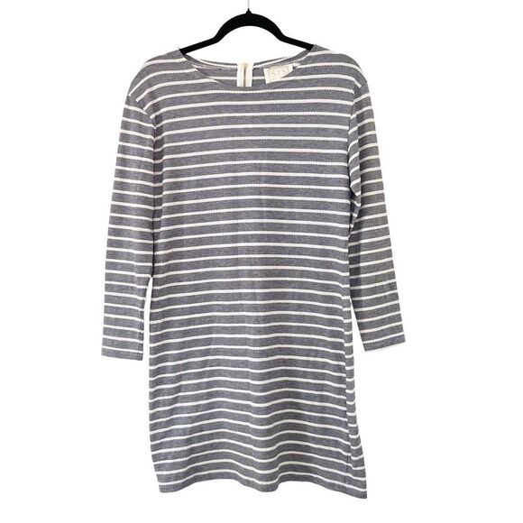 Sail to Sable Blue White Stripe Delicate Eyelet Long Sleeve Shift Dress - Picture 1 of 8